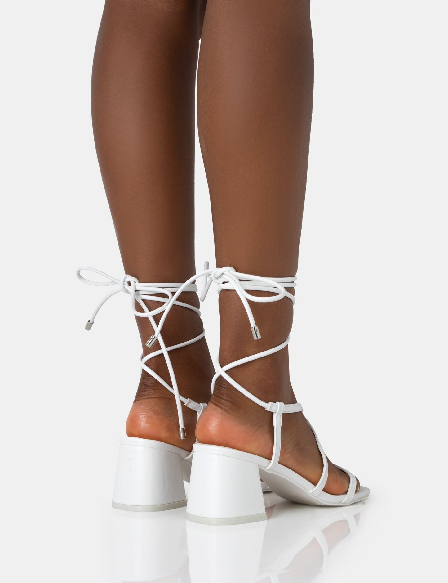 Mabel Wide Fit White Pu Ankle Tie Mid Block Heeled Sandals
