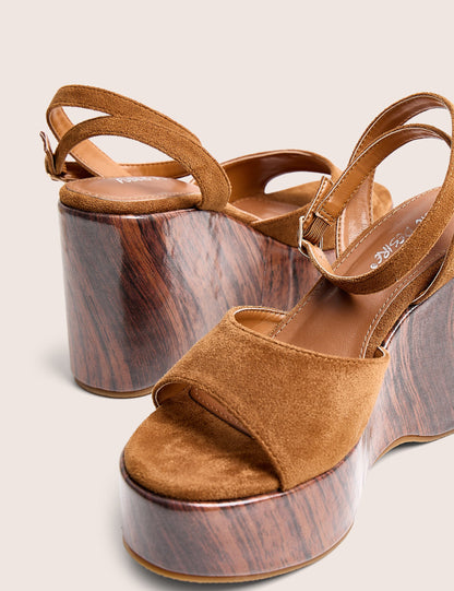 Aluna Tan Faux Suede Wooden Wedge Heels
