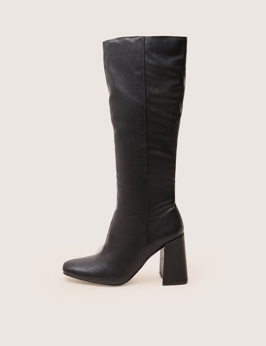 Apology Wide Fit Black Pu Knee High Block Heel Boots