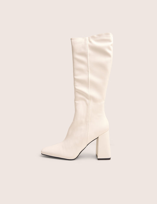 Apology White Pu Knee High Block Heel Boots