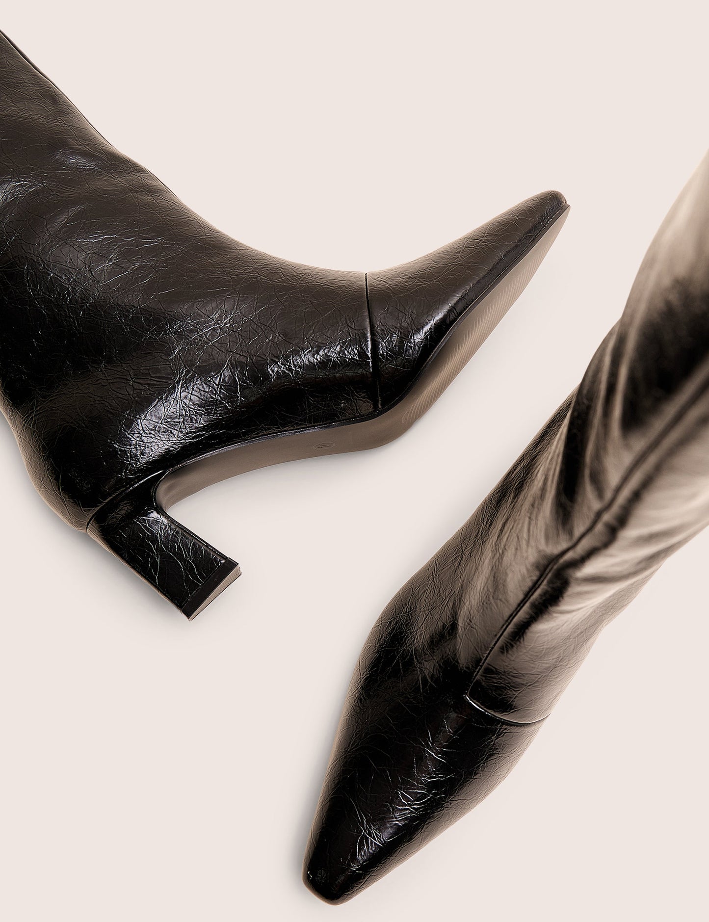 Boomer Black Crinkle Pu  Pointed Toe Knee High Mid Heel Boots