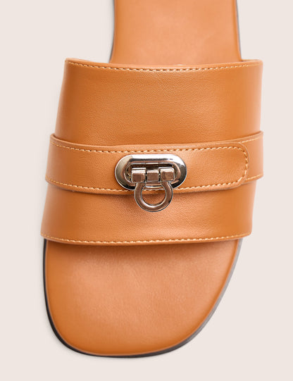 Radiance Brown Buckle Trim Flat Sandals