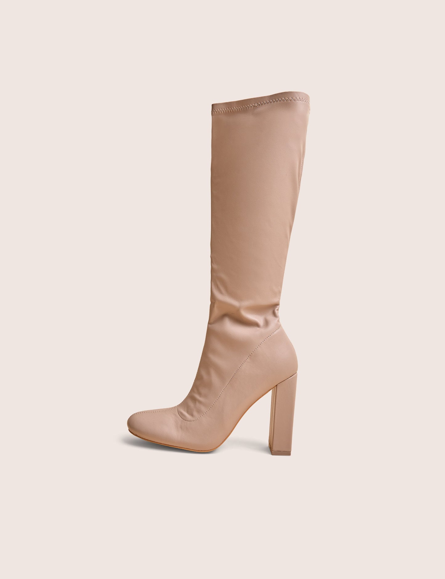 Christina Nude Pu Pointed Toe Block Heel Knee High Boots