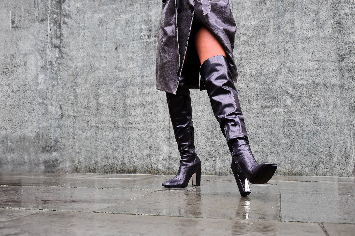 Lasta Black Pu Rounded Square Toe Block Heeled Over The Knee Boots