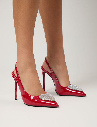 Elvis Red Patent Diamante Heart Brooch Slingback Pointed Toe Court High Heels