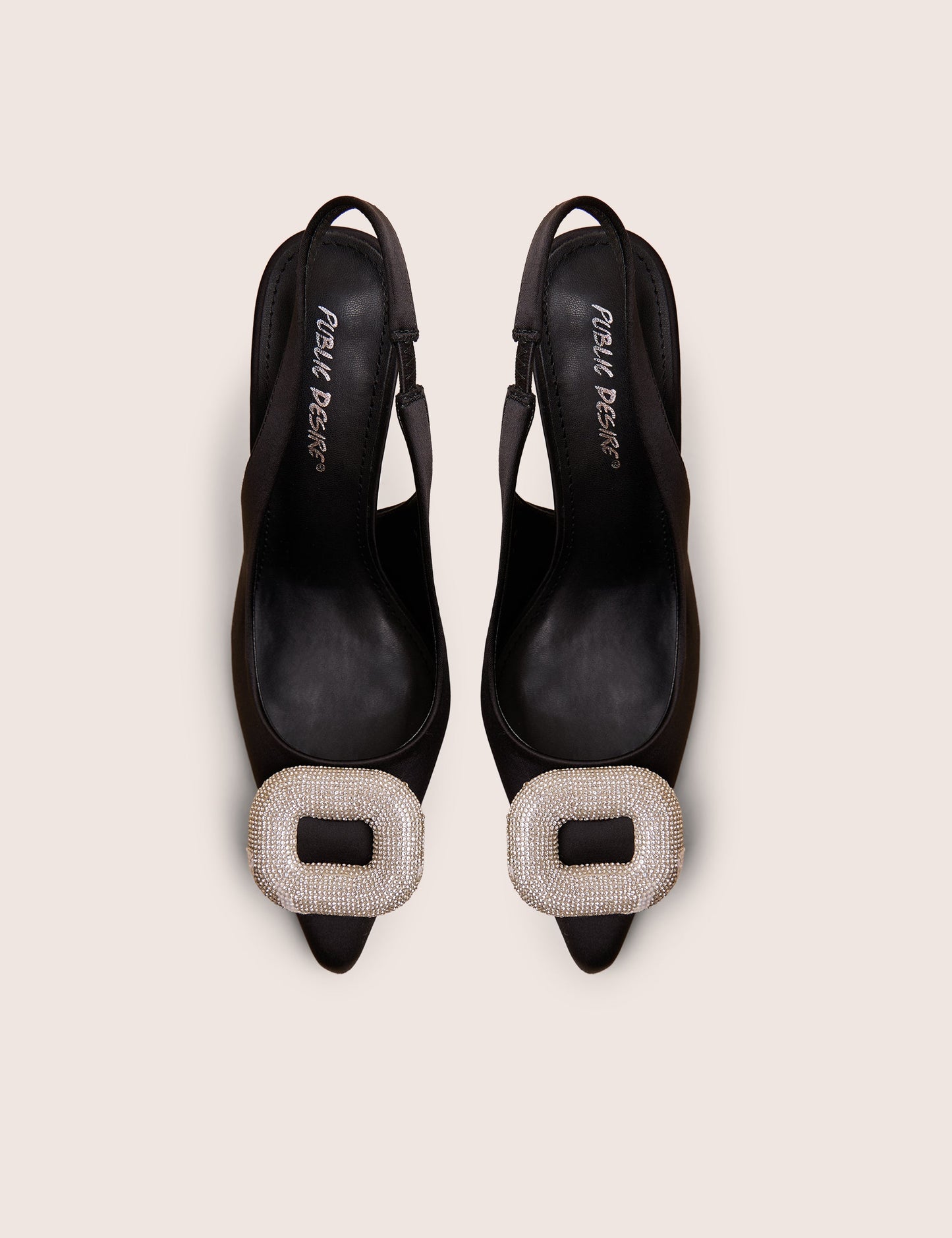 Floss Black Satin Diamante Embellished Sling Back Court Heels