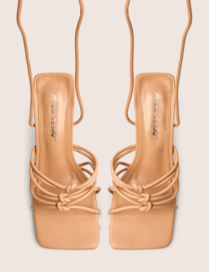 Keri Wide Fit Nude Pu Strappy Lace Up Mid Heels