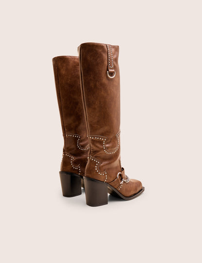 Nashville Vintage Brown Western Studded Block Heel Knee High Boot