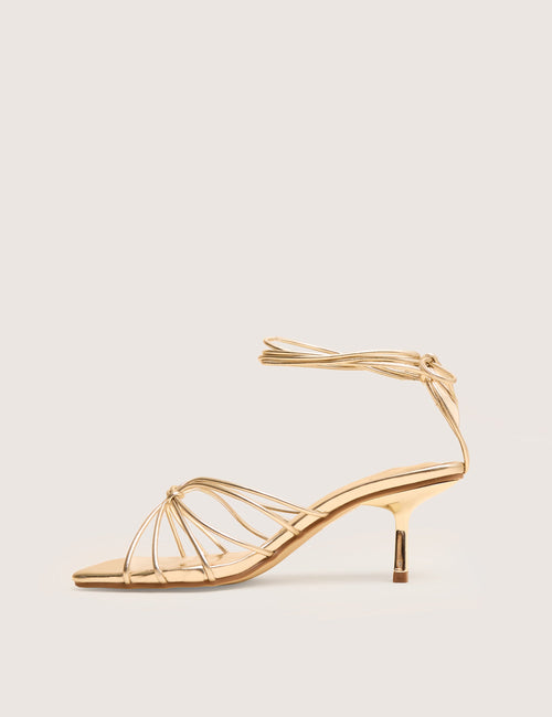 Nora Wide Fit Gold Pu Lace Up Strappy Mid Heels