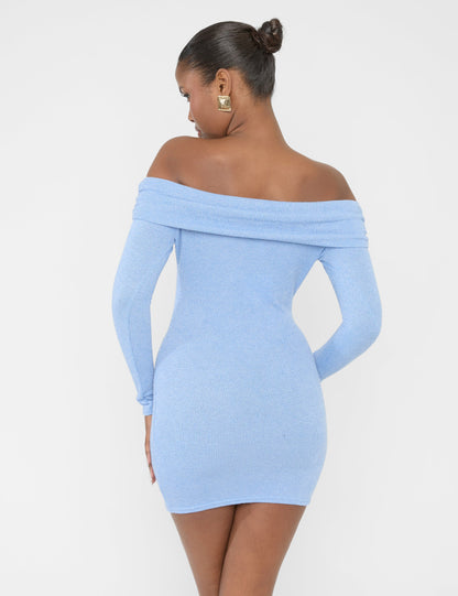 Long Sleeve Off The Shoulder Bardot Mini Dress Blue