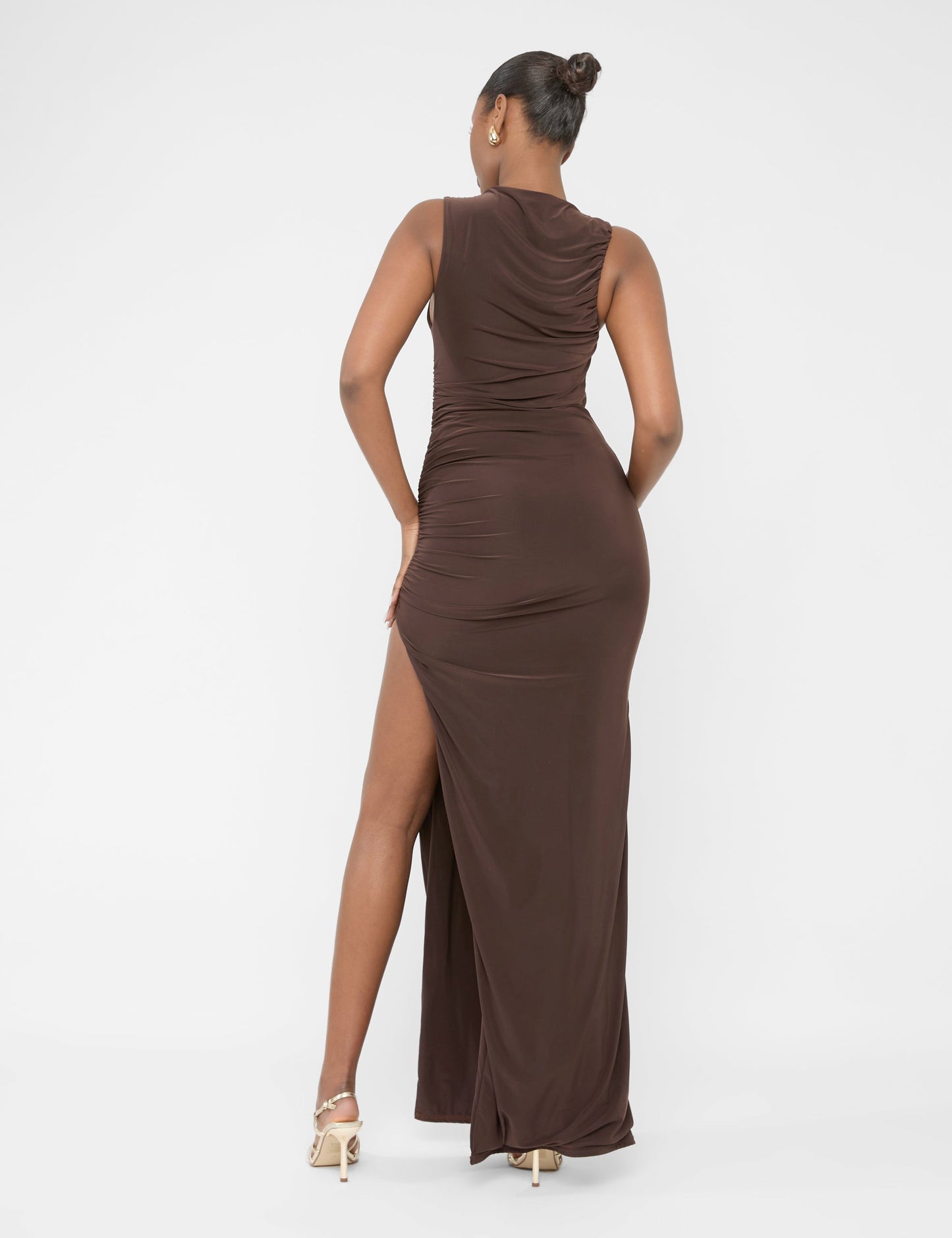 High Neck Ruched Detail Maxi Dress Chocolate