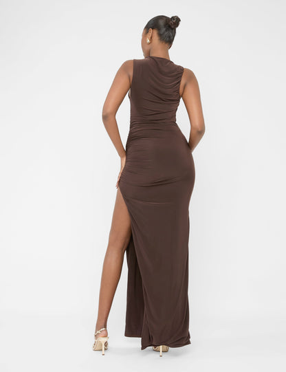High Neck Ruched Detail Maxi Dress Chocolate