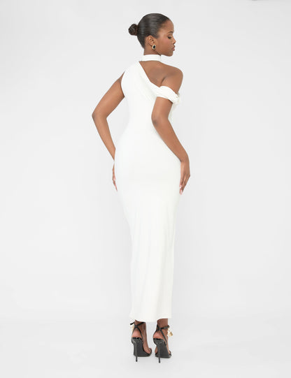 Asymmetric One Shoulder Choker Detail Luxe Slinky Midi Dress White