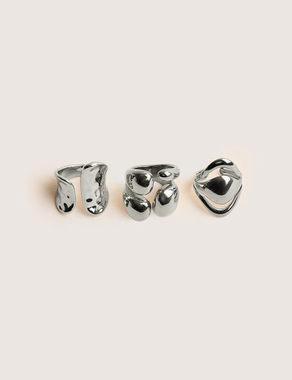 Chunky Abstract 3 Pack Classic Ring Stack Silver