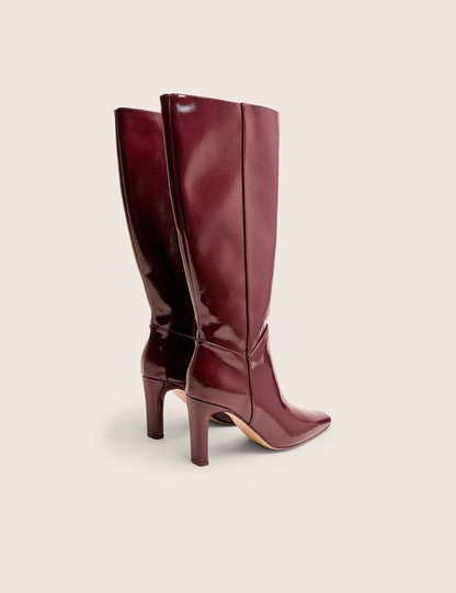Pose Burgundy Hi Shine Zip Up Knee High Slim Block Heeled Boots