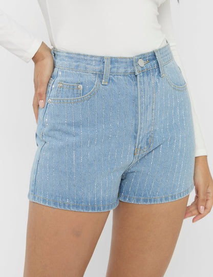 High Waist Diamante Embellished Shorts Light Blue