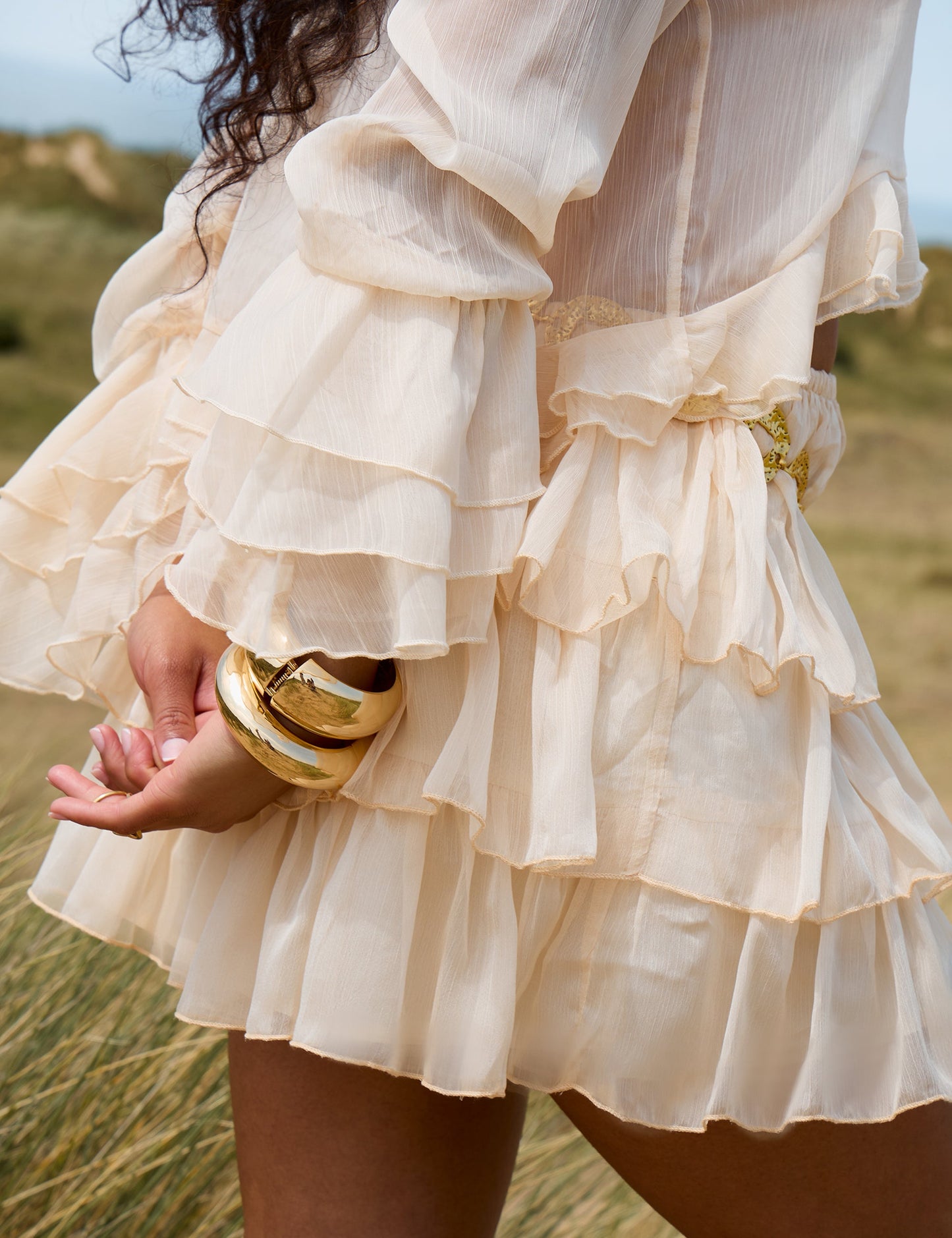Sheer Ruffled Long Sleeve Crop Top Stone