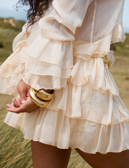 Sheer Ruffled Long Sleeve Crop Top Stone