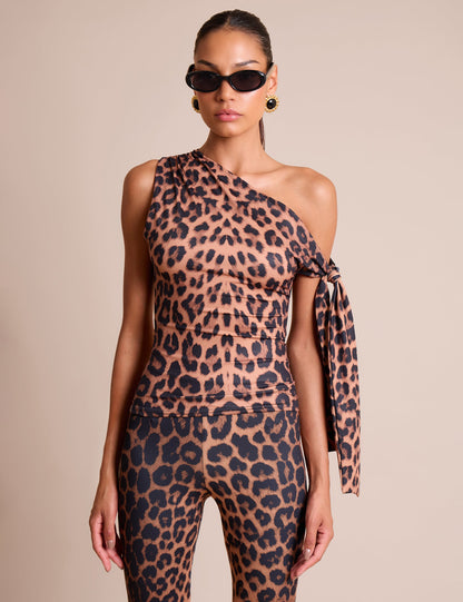 Knot Detail Asymmetric One Shoulder Luxe Slinky Top Leopard