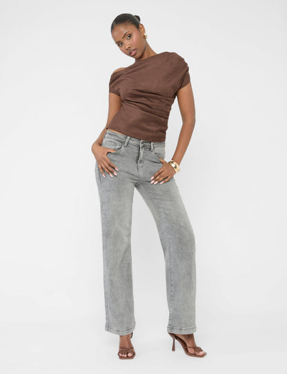 Suedette One Shoulder Ruched Top Chocolate