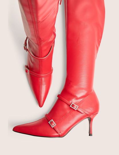 Roulette Red Pointed Toe Diamante Buckle Mid Heel Over The Knee Sock Boots