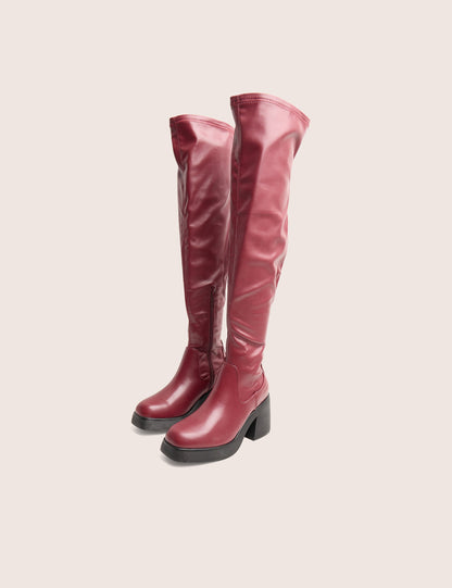 Sensored Burgundy Chunky Sole Sock Over the Knee Boots