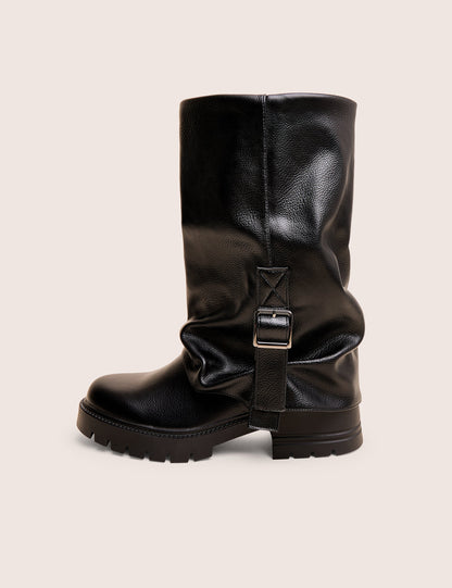 Terry Black Fold Over Buckle Detail Ankle Boots