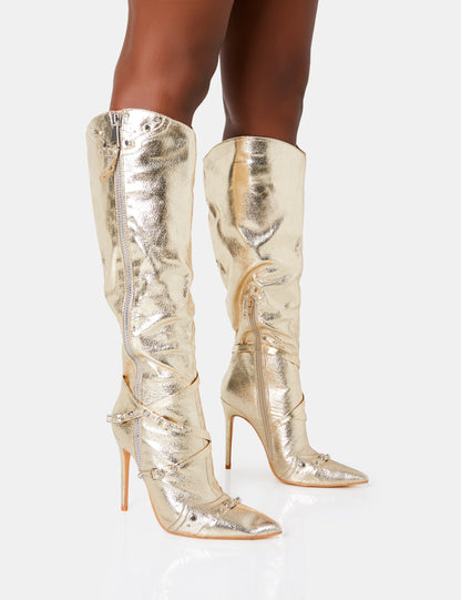 Worthy Metallic Gold Studded Zip Detail Stiletto Knee High Boots