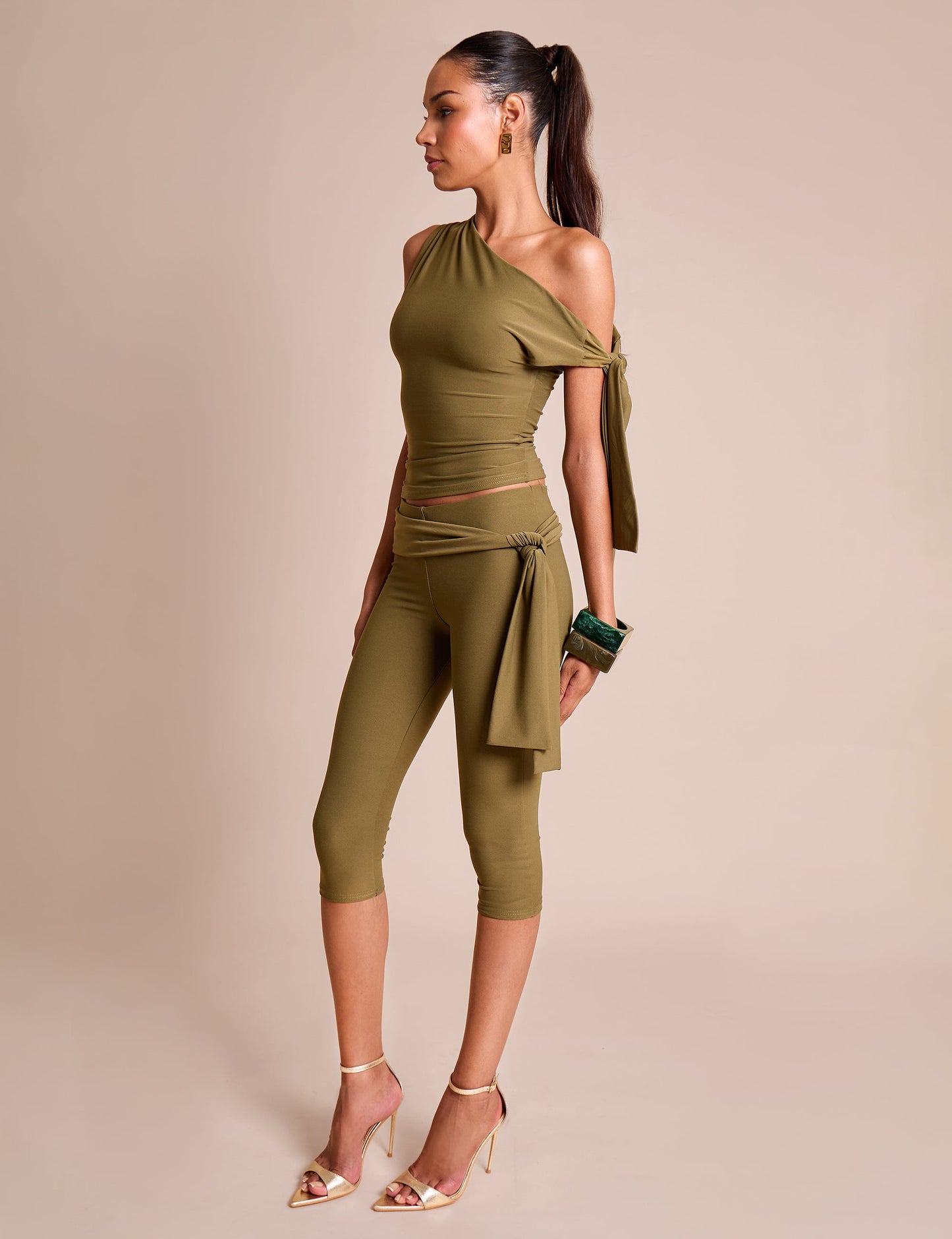 Knot Detail Tie Side Luxe Slinky Capri Pants Khaki